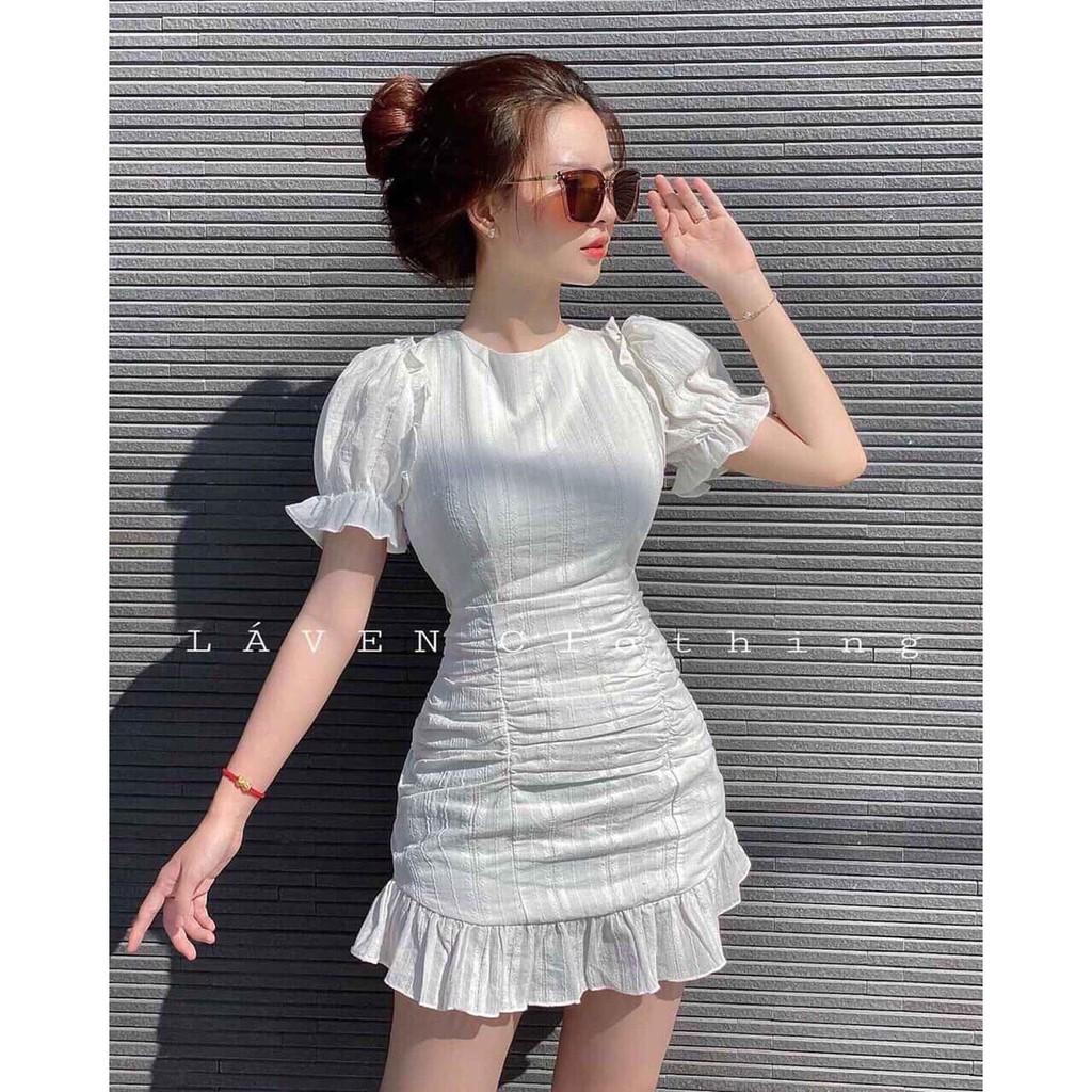Đầm Body Nhún Eo Tay Phồng Chân Váy Bèo