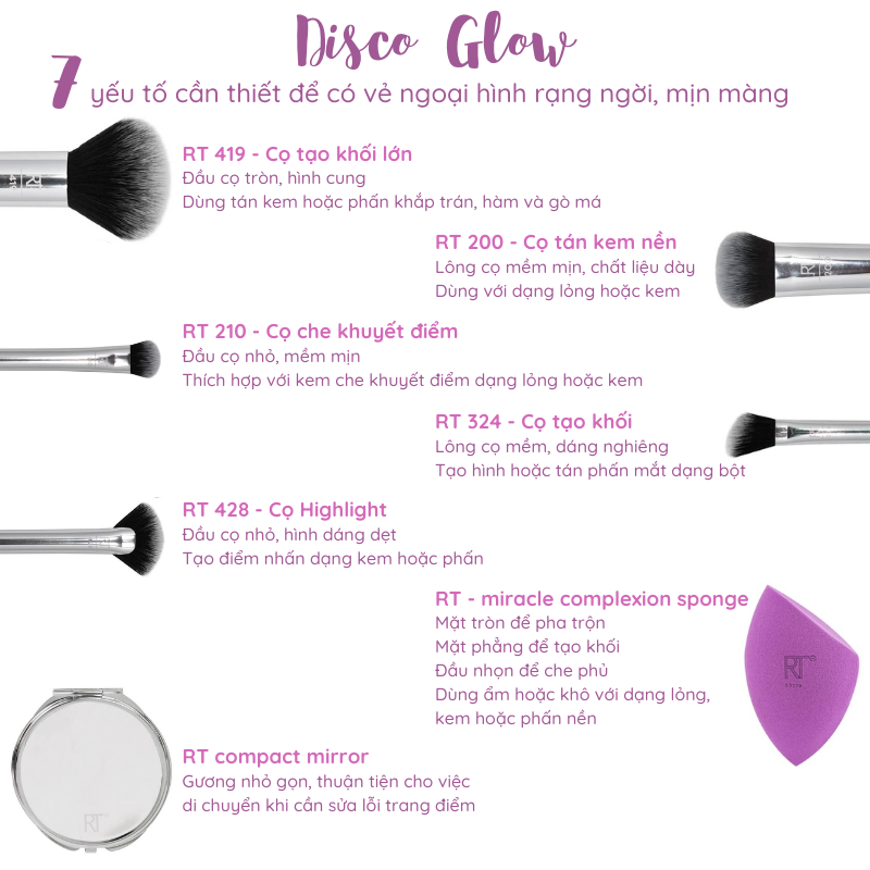 Bộ cọ 5 cây kèm mút và gương Real Techniques disco glow