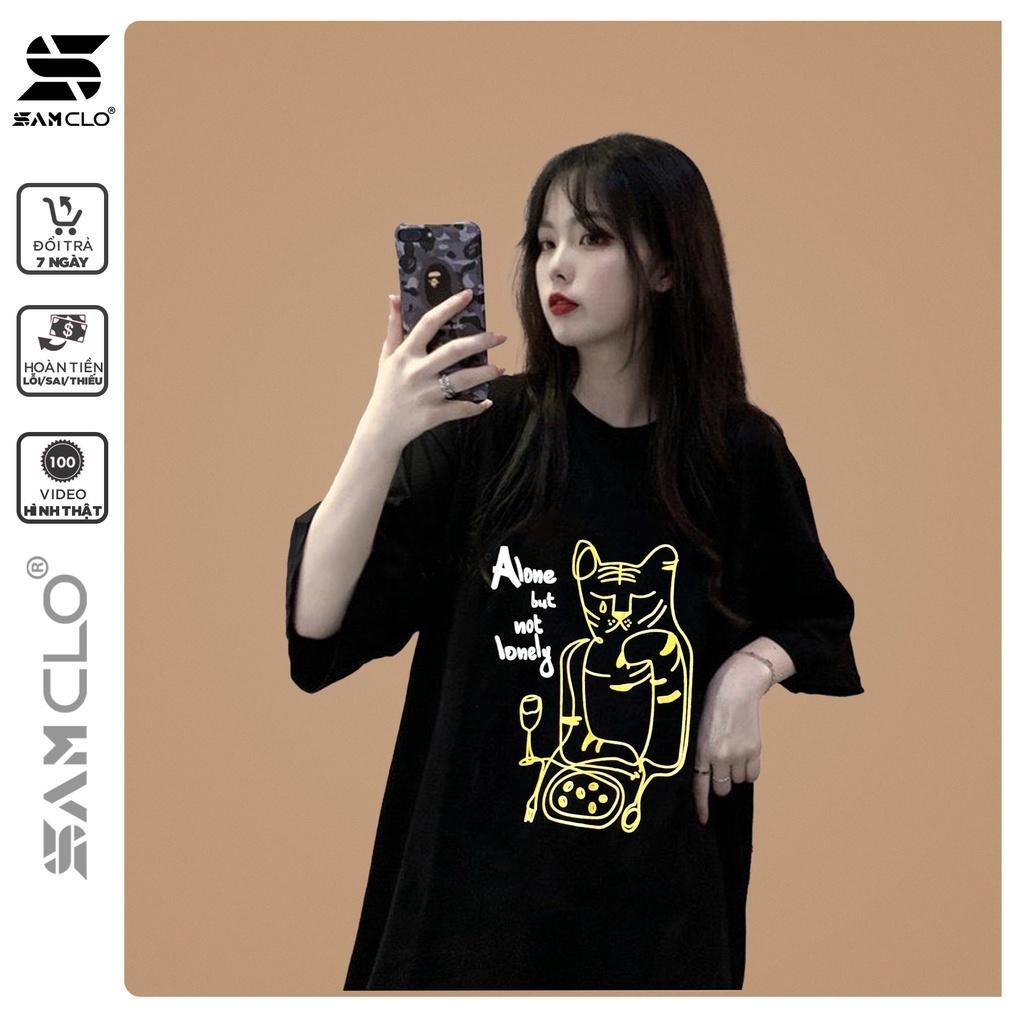 Áo phông nữ tay lỡ thun form rộng SAM CLO freesize dáng Unisex mặc cặp, nhóm, lớp in con mèo chữ ALONE BUT NOT LONELY