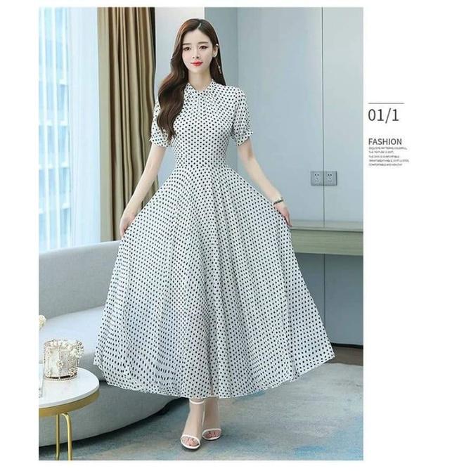 ĐẦM MAXI BI CỔ TRỤ XẾP LI