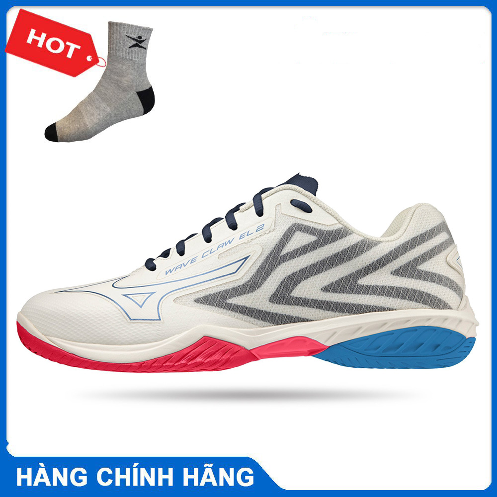 Giày cầu lông nam nữ Mizuno Wave Claw EL 2 hàng chính hãng 71GA228010 mẫu mới màu trắng-TẶNG TẤT THỂ THAO BENDU