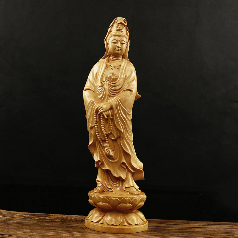 Tượng Phật Quan Âm đứng đài sen bằng gỗ Hoàng Dương