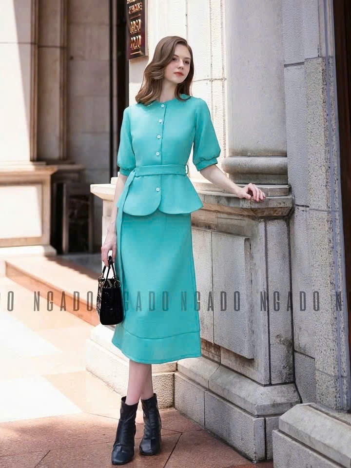 Set áo váy xanh ngọc tay lửng NGADO , set áo váy dài , set công sở, dự tiệc