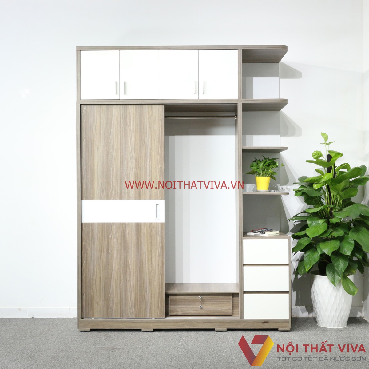 Tủ Áo Lùa Kịch Trần Có Kệ Trang Trí Gỗ MDF Melamine Màu Xám Chỉ Trắng Cao Cấp