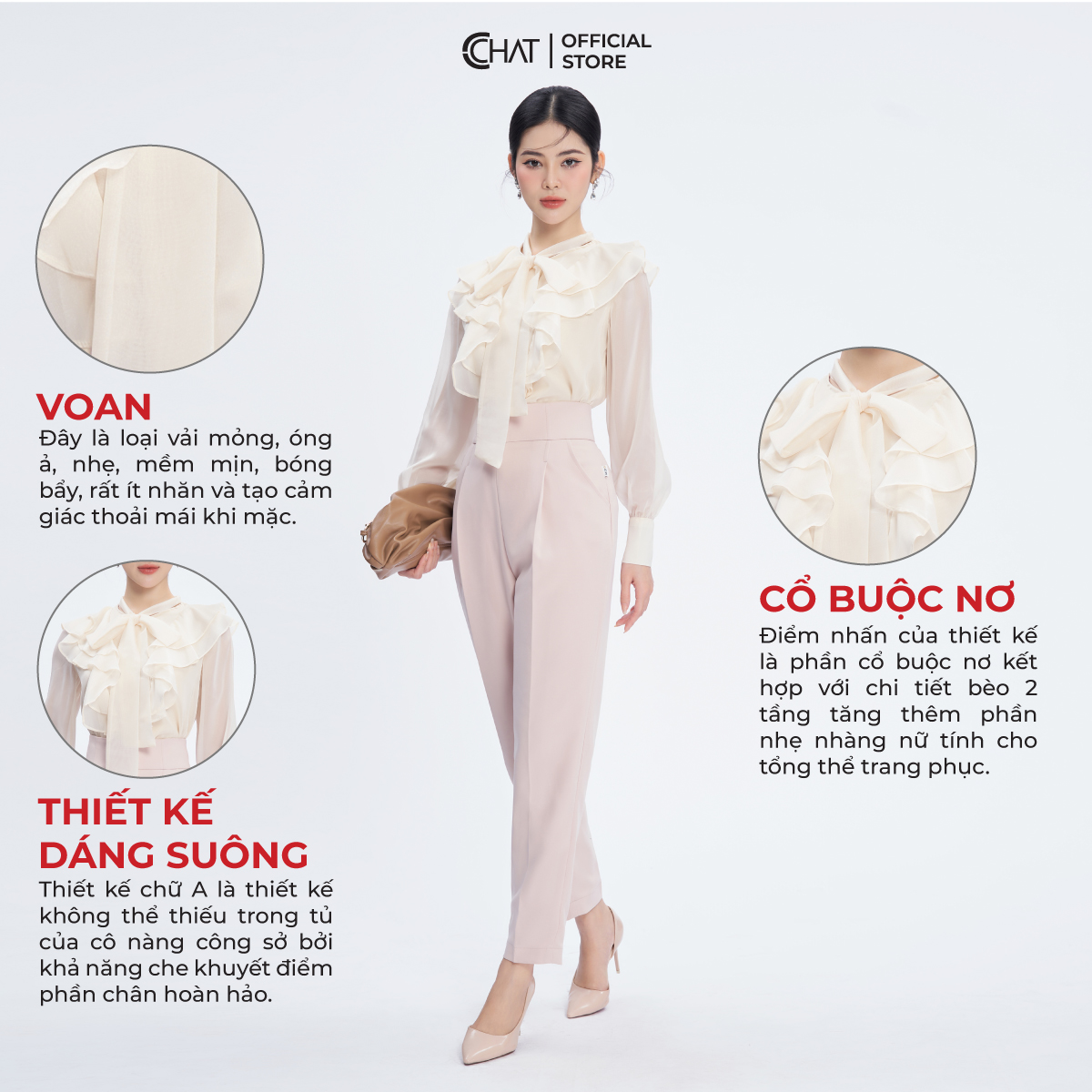 Áo Sơ Mi Nữ  Trơn Vai Bèo Buộc Nơ Chất Liệu Voan Cao Cấp 13FDV2005ST
