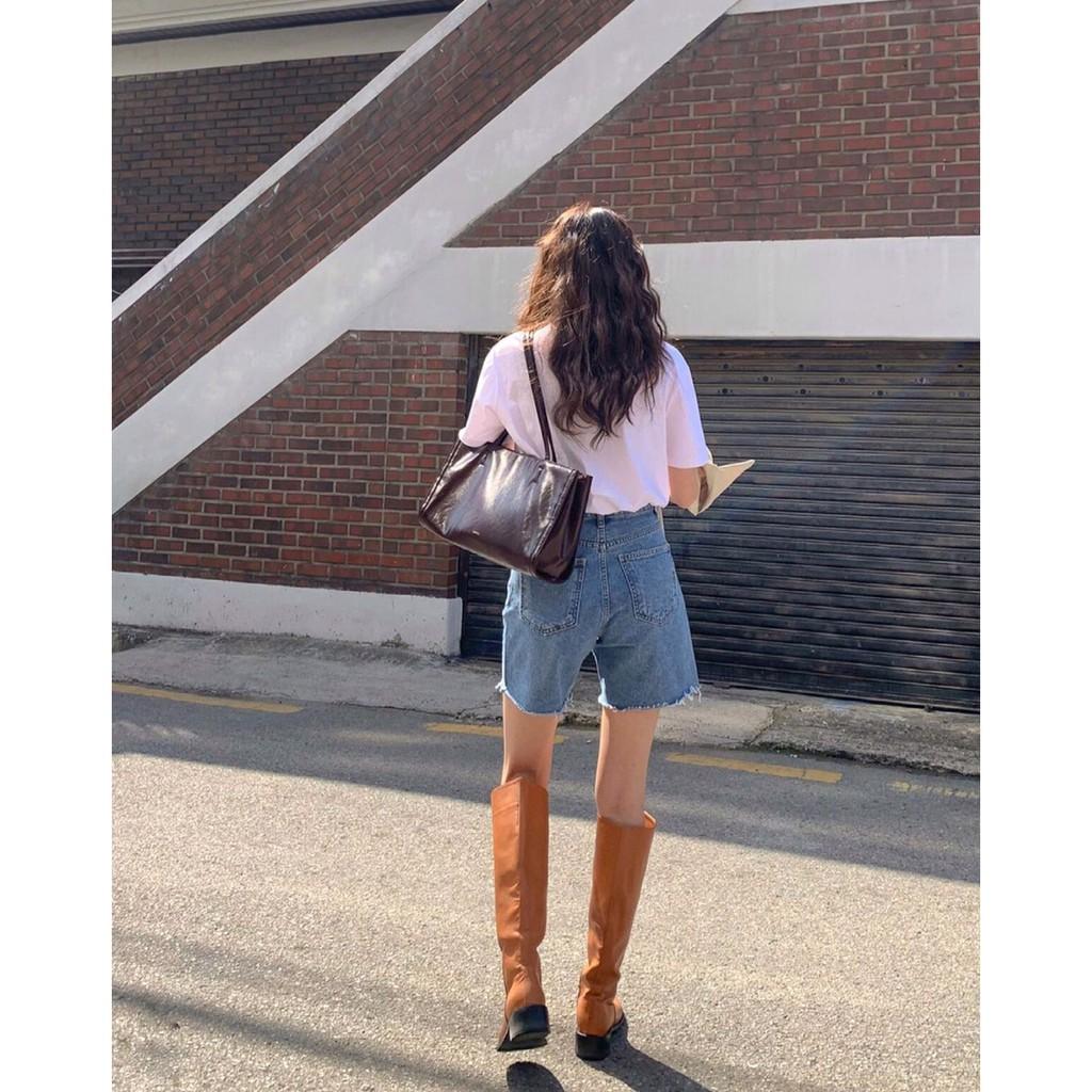 Quần short jean cắt gấu ống rộng UNISEX lưng cao