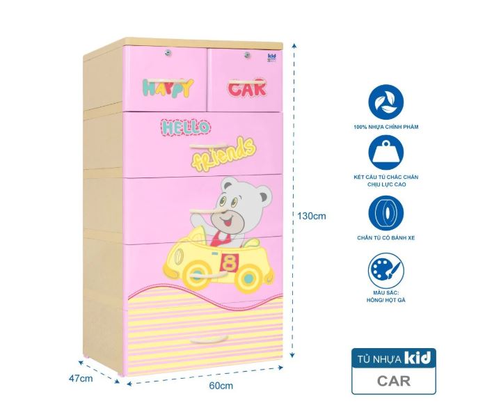 Tủ nhựa 5 tầng Qui Phúc KID màu xanh dương mẫu Car KT 600 x 470 x 1300 mm _ Juno Sofa hàng lắp sẵn