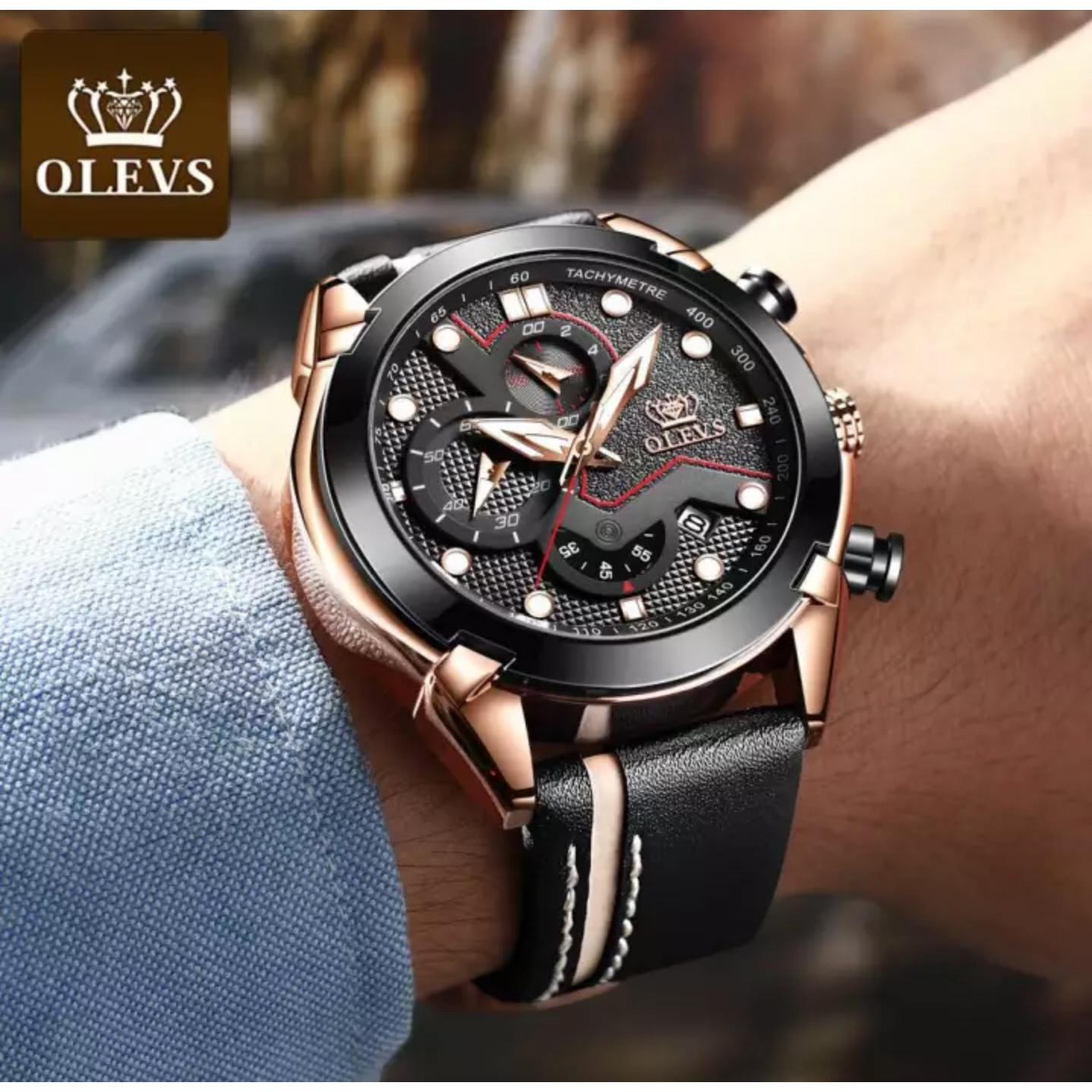 Đồng hồ nam mạ vàng cao cấp OLEVS 9905, chạy đủ 6 kim, dây da mềm thoáng khí - Hàng chính hãng