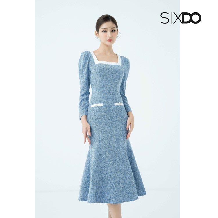 Đầm midi tweed cổ vuông phối viền trắng SIXDO