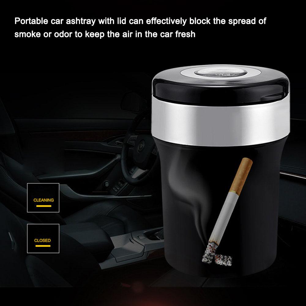 Car Smokeless Ashtray with Lid Small Garbege Can with Blue LED Light Compass for Most Car Cup Holder