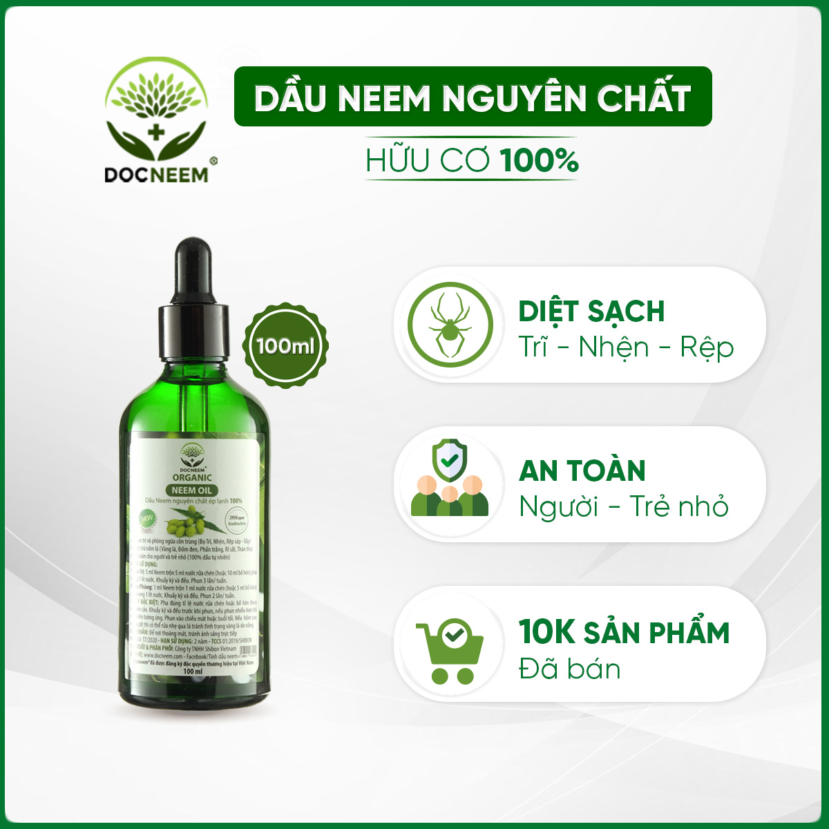 Dầu neem hữu cơ DOCNEEM phòng trị sâu bệnh hoa hồng, phong lan, cây cảnh, dầu neem oil nguyên chất ép lạnh 100ml