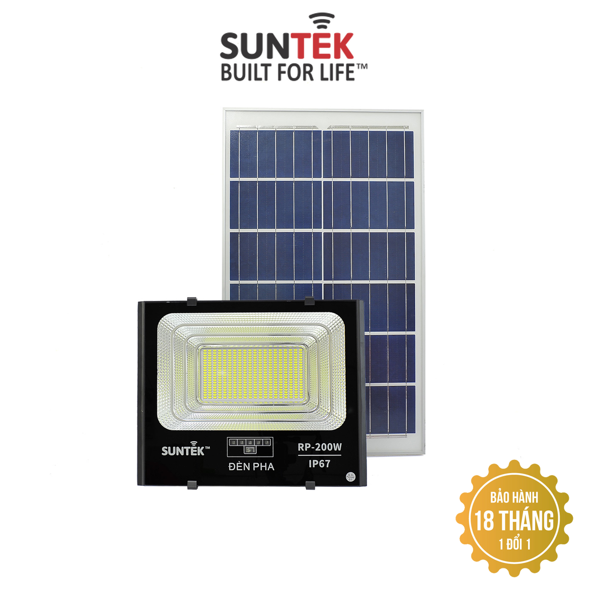 Đèn Pha Năng Lượng Mặt Trời SUNTEK RP-200W - Sáng suốt đêm (10-12h) | Tự động Bật/Tắt | Điều khiển Từ Xa | Chống Nước/Bụi/Sét | Tuổi thọ bóng LED 50.000 giờ - Hàng Chính Hãng - Bảo hành 18 tháng 1 đổi 1