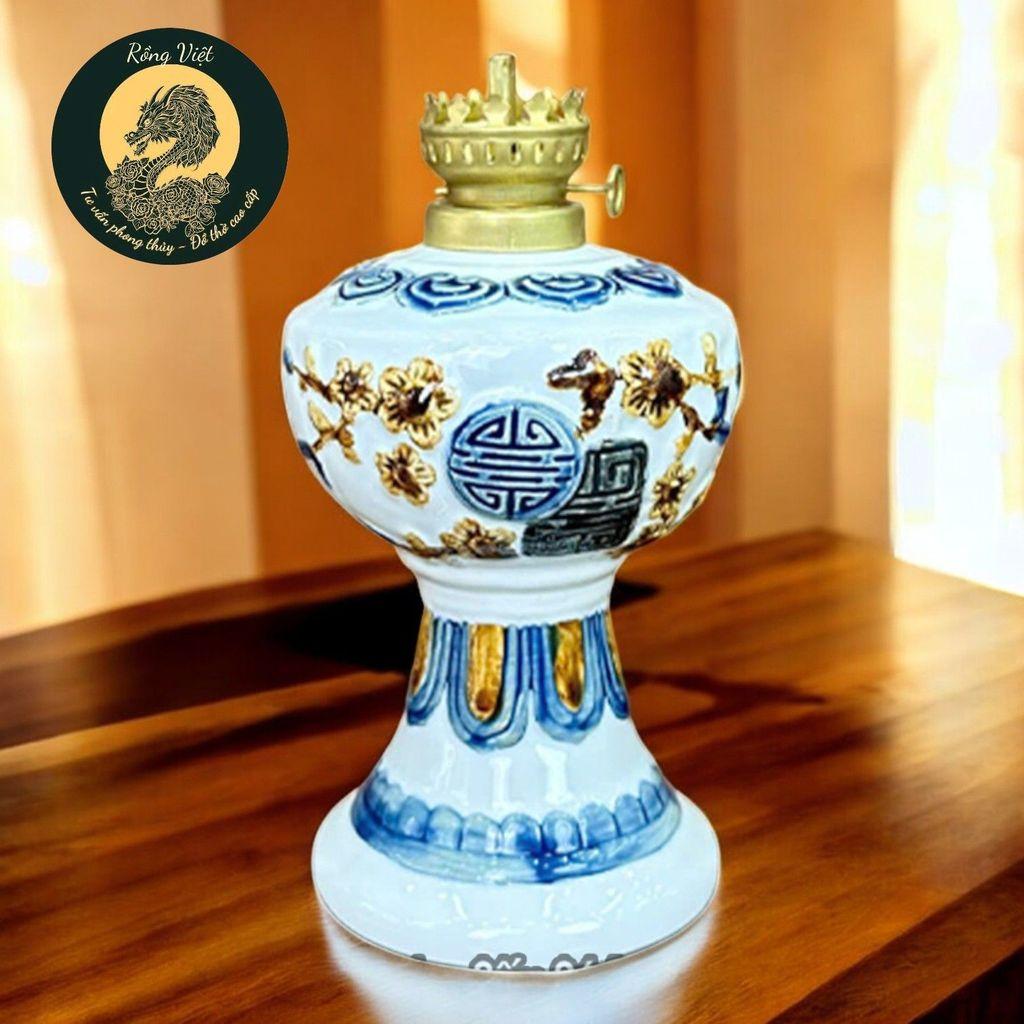 Đèn Dầu Gốm Bát Tràng Men Xanh Rồng Việt - Cao 26cm & 28cm, Đắp Nổi Đào Thọ Cao Cấp(cả bóng đèn)