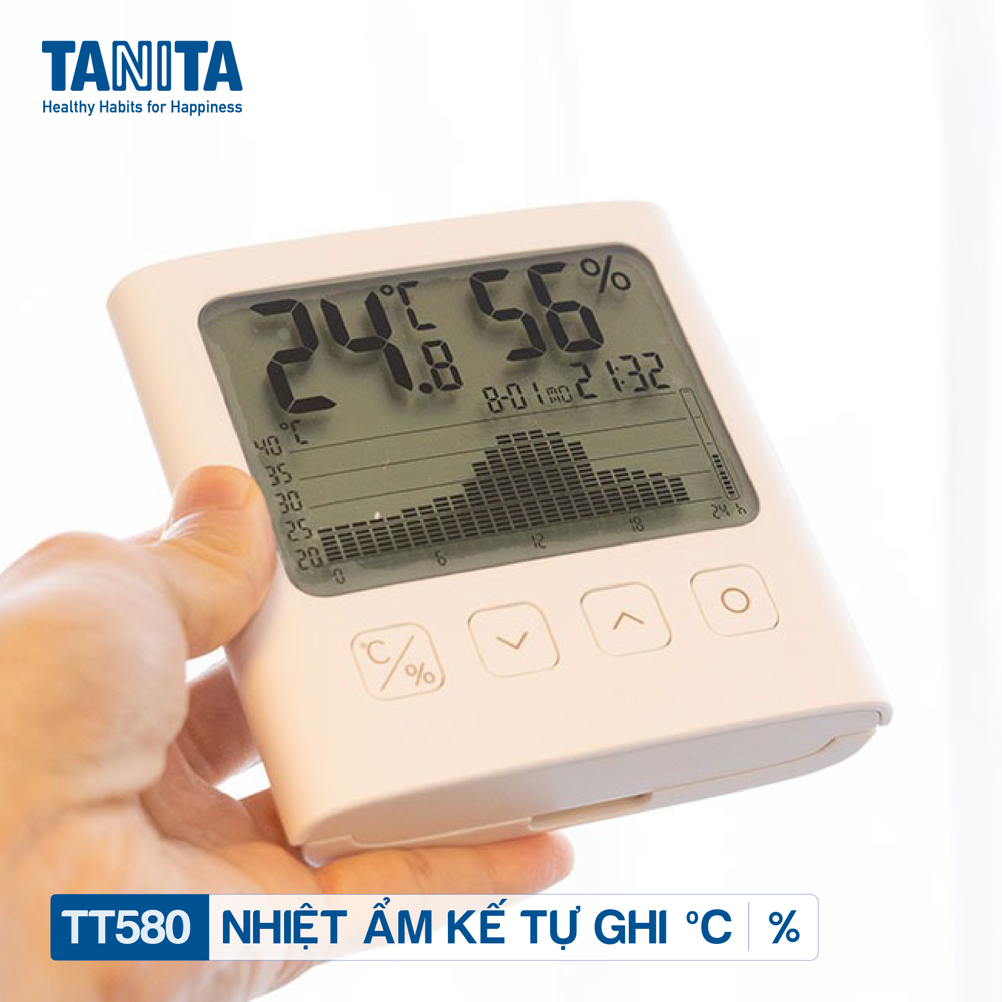 Nhiệt ẩm kế điện tử tự ghi 7 ngày TANITA TT580 chính hãng nhật bản,thiết bị đo độ ẩm nhiệt độ chính xác,màn hình rõ ràng,hiển thị ngày giờ chuông báo thức,có lỗ treo,để bàn phù hợp trong phòng lạnh, bệnh viện, gia đình có trẻ sơ sinh