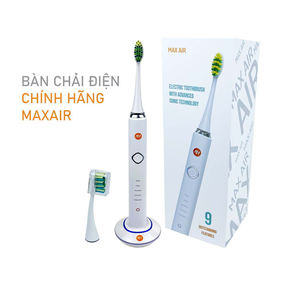 Bàn chải đánh răng điện MaxAir model MA004 công nghệ sóng âm Sonic, 5 chế độ rung, tặng kèm 2 đầu bàn chải, hàng chính hãng