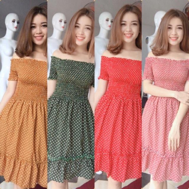 Đầm maxi chấm bi nhúng eo cam kết hình thật 100% freesize