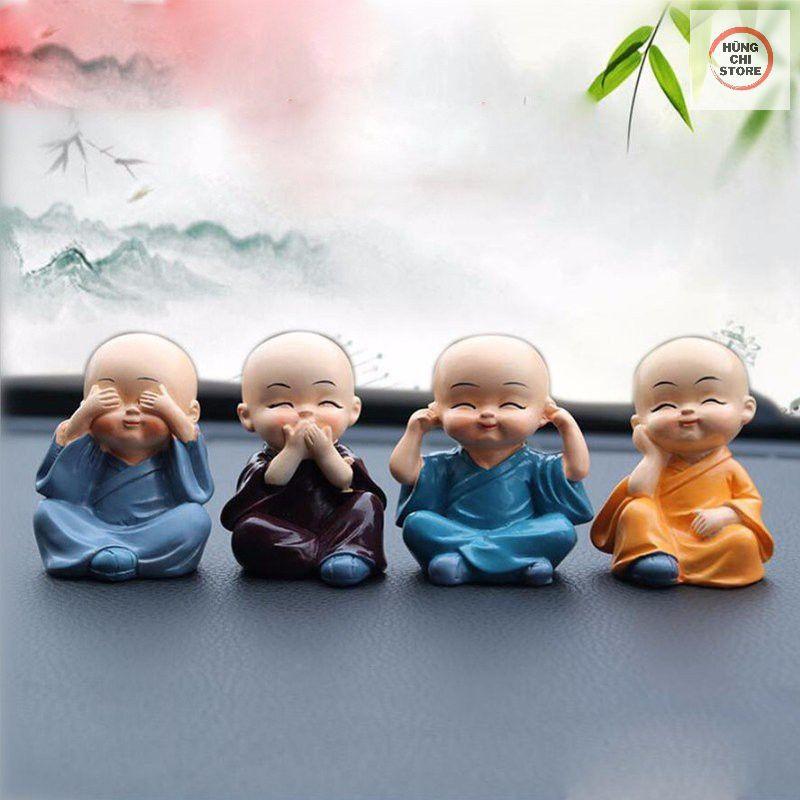 Bộ 4 tượng chú tiểu bốn hòa thượng tứ không mini để ô tô bàn làm việc đẹp bằng sứ an lạc