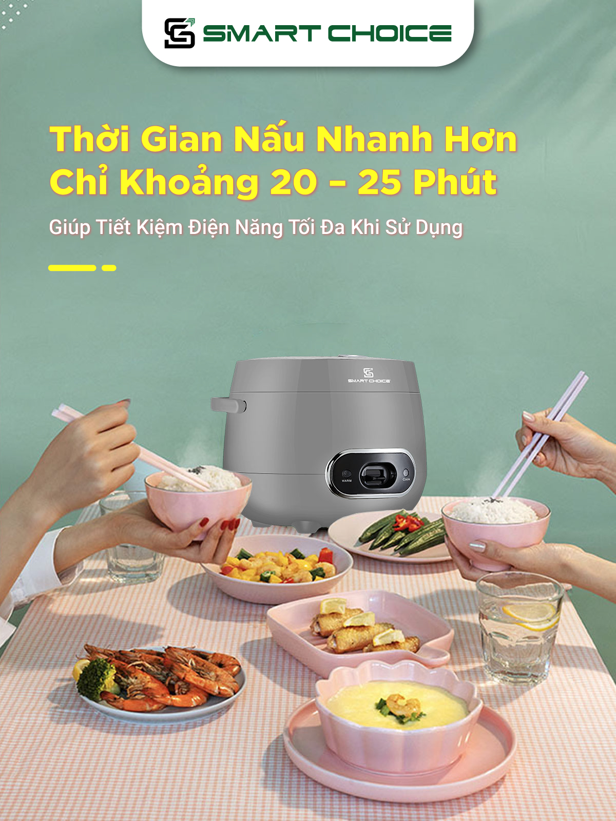 Nồi Cơm Điện Mini 1.2L SMARTCHOICE SCG-RC3001 Lòng Nồi Phủ Ceramic Chống Dính Cao Cấp, Nồi Cơm Điện Cơ Có Quay Xách Dùng Cho 1-3 Người Ăn, Nấu Chín Nhanh, Giữ Ấm Lâu - Hàng Chính Hãng