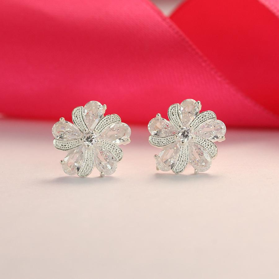 Bông tai nữ bạc 925 đẹp - Khuyên tai bạc nữ hình bông hoa đính đá cao cấp BTN0078