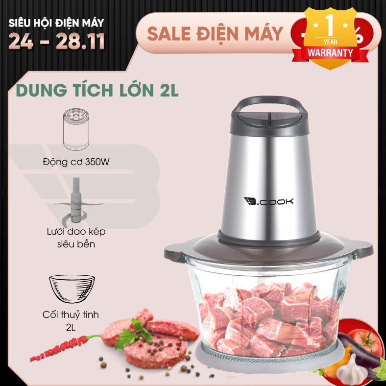 Máy xay thịt, cá, xay đa năng B.COOK 2 lưỡi dao kép cối thủy tinh (350W) - Hàng chính hãng