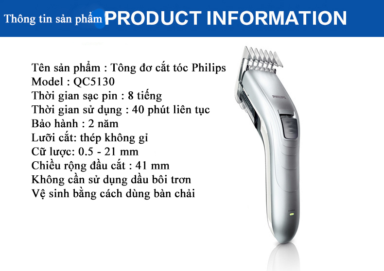 Tông đơ cắt tóc Philips QC5130 lưỡi bằng thép không gỉ chế độ tự mài, dùng cho cả trẻ em và người lớn (hàng nhập khẩu)