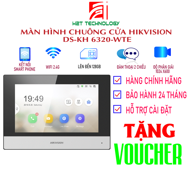 Màn hình chuông cửa 7 inch Hikvision DS-KH6320-WTE1, Led, kết nối WiFi, tích hợp Mic và loa, thẻ nhớ 128MB