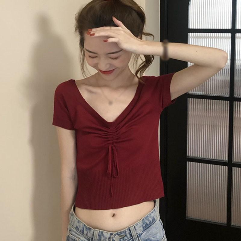 Áo Thun Dệt Kim Tay Ngắn Cổ Chữ V Thời Trang Cho Nữ