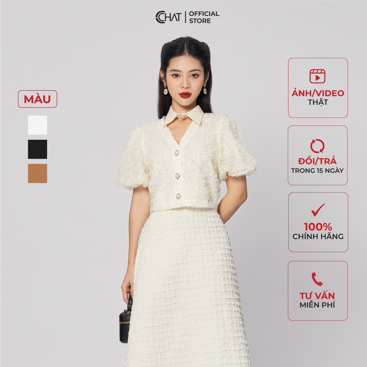 Áo Sơ Mi Nữ CCHAT Cổ Đức Dời Hoa Nổi 53FNV5001ST