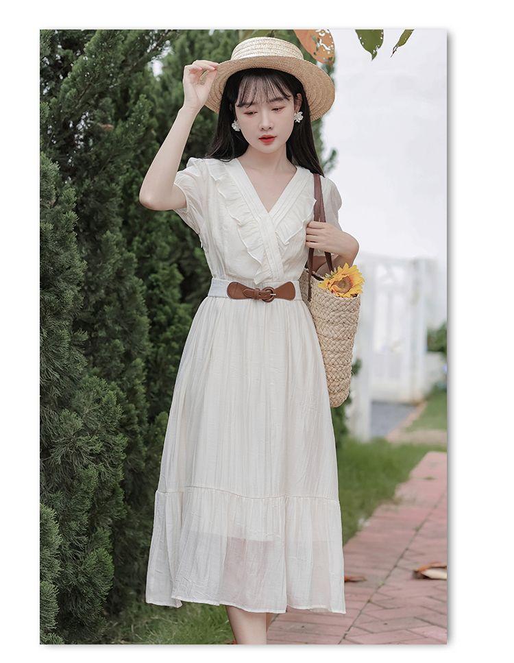 TOBE1SHOP Mùa hè ngắn tay áo v cổ đầm phụ nữ mùa hè ăn mặc 2023 Pháp hiển thị gầy eo đầm dài