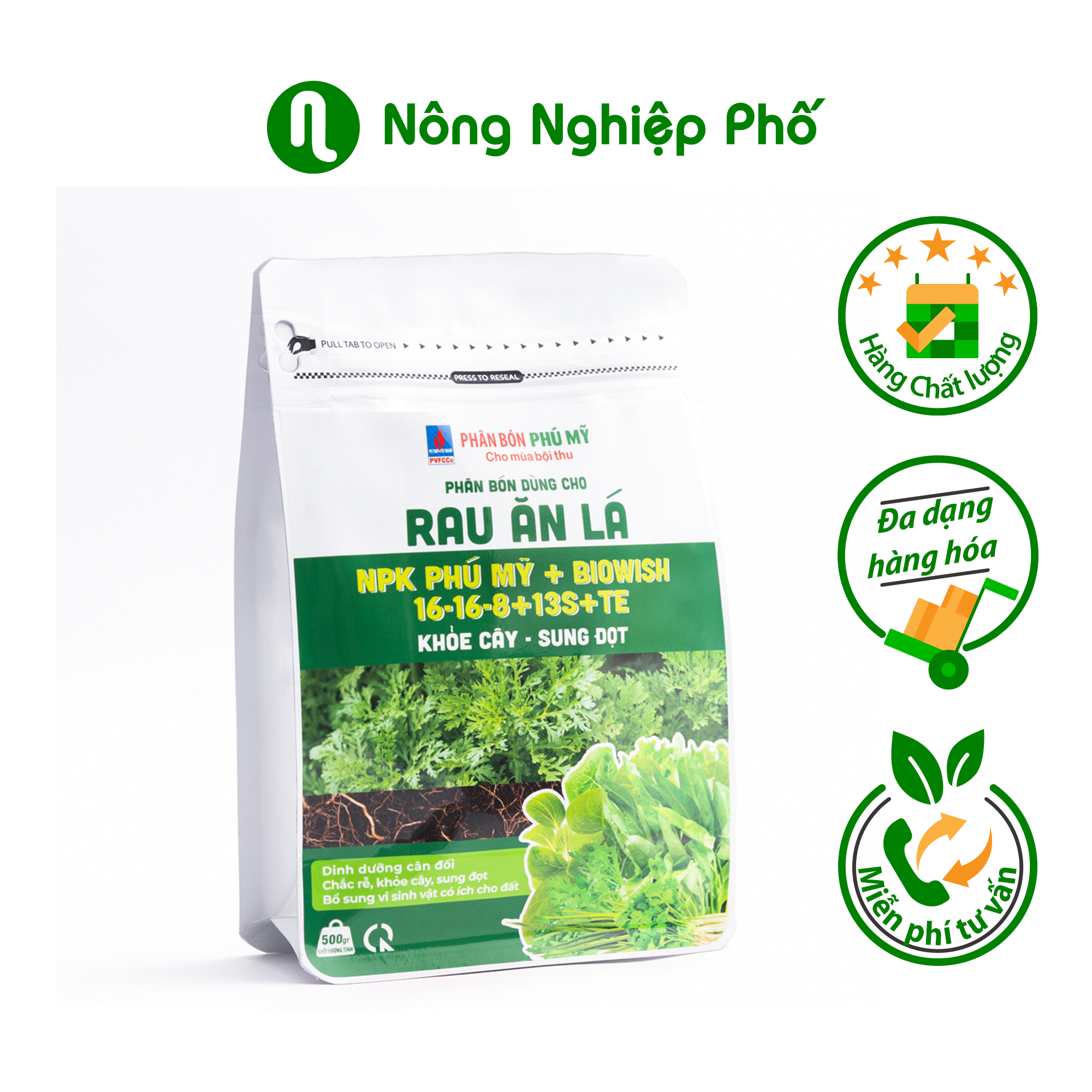 Phân bón NPK Phú Mỹ + BiOWish 16-16-8+13S+TE Rau ăn lá - Gói 500gram