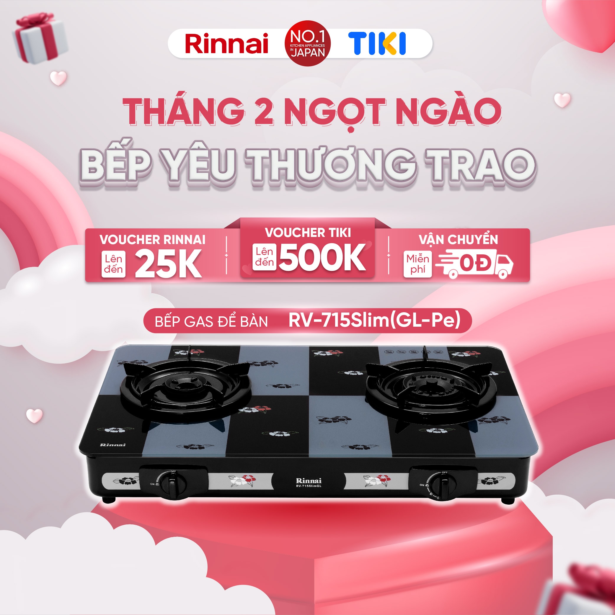 Bếp gas dương Rinnai RV-715Slim(GL-Pe) mặt bếp kính và kiềng bếp men - Hàng chính hãng.