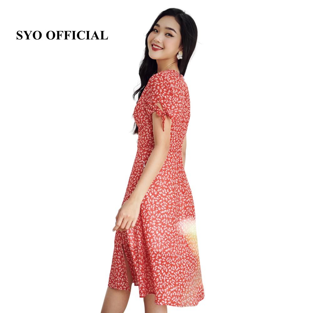 Đầm midi hoa nền xanh, tay buộc nơ SYO D3009-21