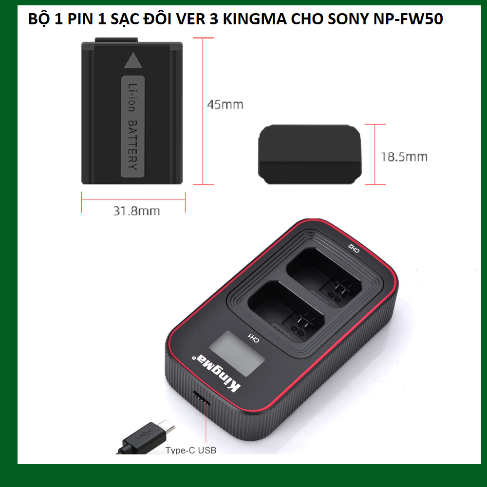 BỘ 1 PIN 1 SẠC ĐÔI VER 3 KINGMA CHO SONY NP-FW50 - HÀNG CHÍNH HÃNG