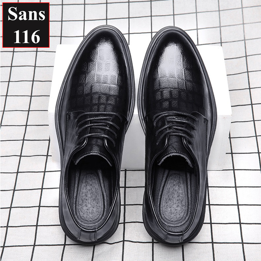 Giầy tây nam tăng chiều cao 6cm Sans116 giày derby công sở đen độn đế buộc dây cao cấp chú rể đám cưới mặc vest