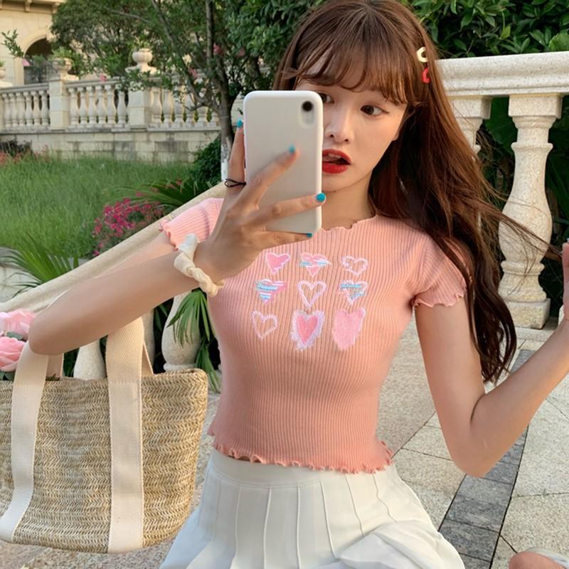 Áo Thun Dệt Kim Tay Ngắn Cổ Tròn Kiểu Dáng Ngọt Ngào Cho Nữ
