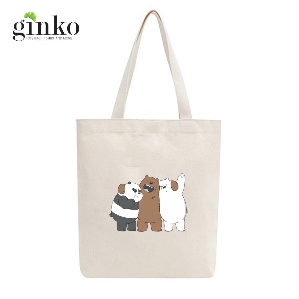 Túi tote vải mộc GINKO kiểu basic có dây kéo khóa miệng túi( có túi con bên trong) đựng vừa laptop 14 inch và nhiều đồ dùng khác in hình We Bare Bears
