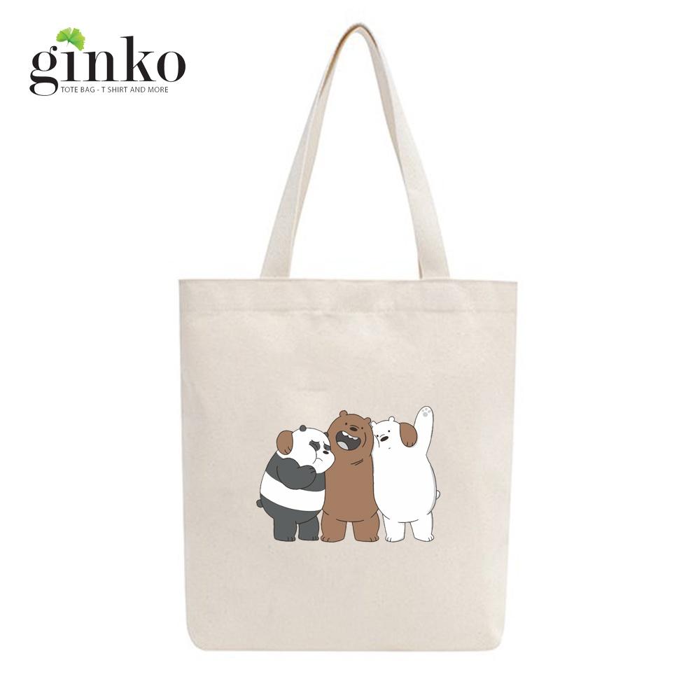 Túi tote vải mộc GINKO kiểu basic có dây kéo khóa miệng túi đựng vừa laptop 14 inch và nhiều đồ dùng khác in hình We Bare Bears