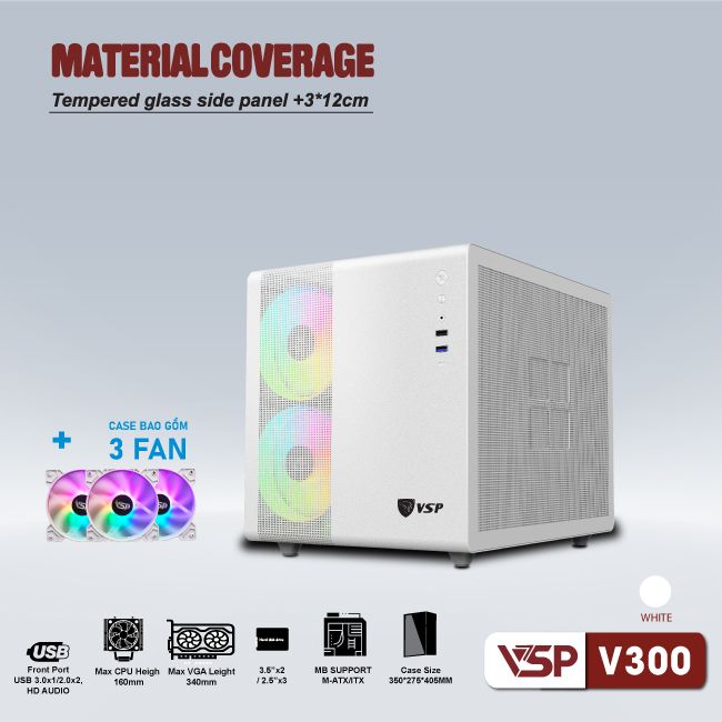 Vỏ máy tính Case VSP V300 [TRẮNG] sẵn 3 Fan LED ARGB Gaming Kính cường lực (M-ATX/ ITX) - Hàng chính hãng VSP phân phối