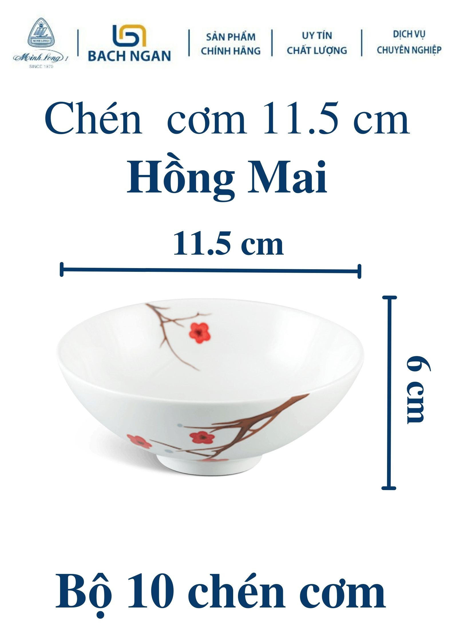 Bộ 10 Chén Ăn Cơm Cao Cấp Sứ Minh Long 11.5 cm Daisy Hồng Mai dùng gia đình, đãi khách, tặng quà tết