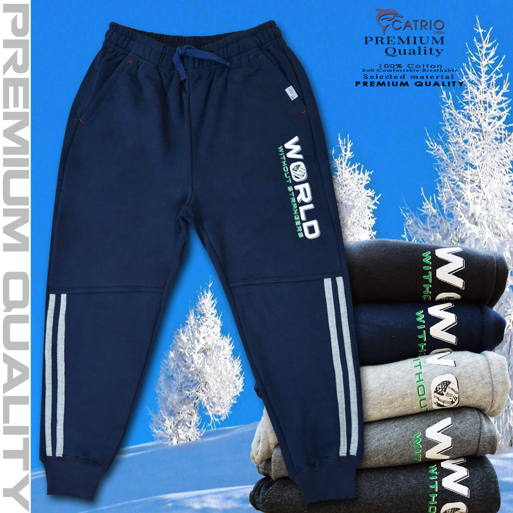 Quần thun dài bé trai vải 100% cotton in WORLD màu NAVY là quần nỉ trẻ em CATRIO từ 9 tuổi đến 18 tuổi phù hợp thời tiết se lạnh mùa thu đông với kiểu dáng thể thao tuyệt đẹp