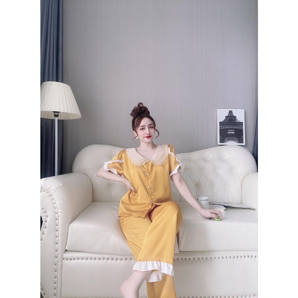 Đồ bộ lụa satin cai cấp cổ 3 lá phối ren tay ngắn quần dài dễ thương đồ ngủ lụa satin có tay freesize