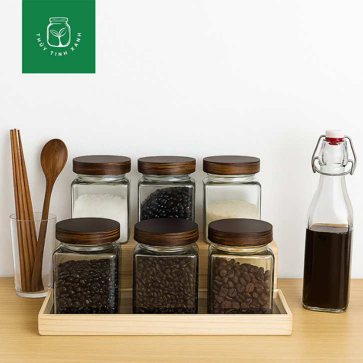 Combo 6 Hũ Thủy Tinh Vuông - Tròn - Lục Giác Đựng Gia Vị - Gửi Mẫu Thiết Kế Khắc Theo Yêu Cầu