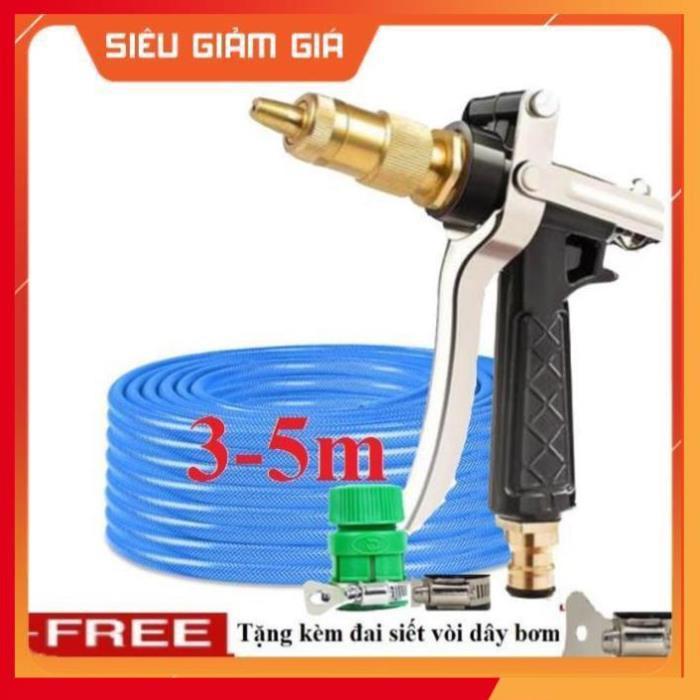 Bộ dây vòi xịt nước rửa xe, tưới cây .tăng áp 3 lần,loại 3m,5m 206236 đầu đồng,đai,nối nhựa v+ tặng đai