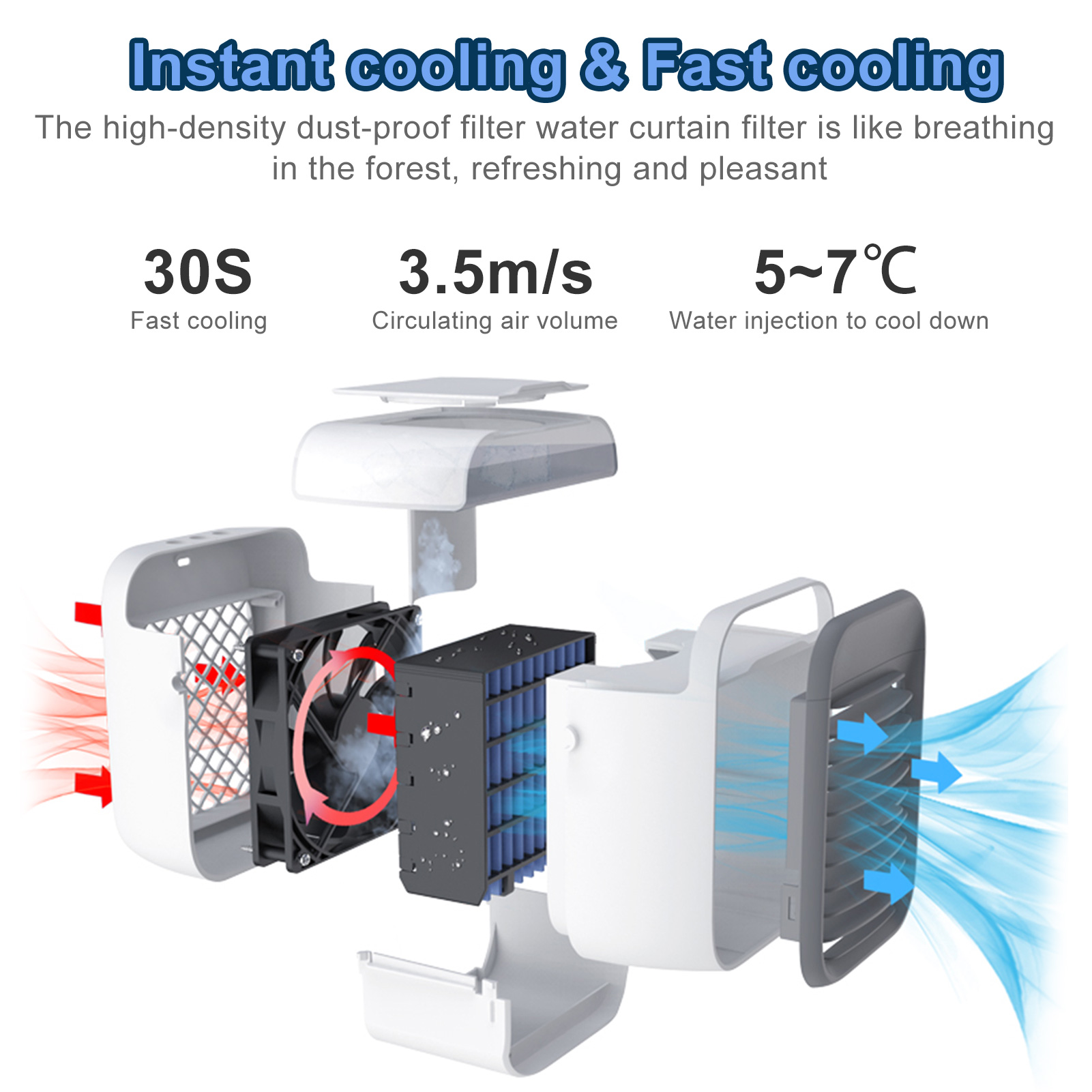 Máy điều hòa không khí di động Quạt làm mát không khí có thể sạc lại, 3 mức độ