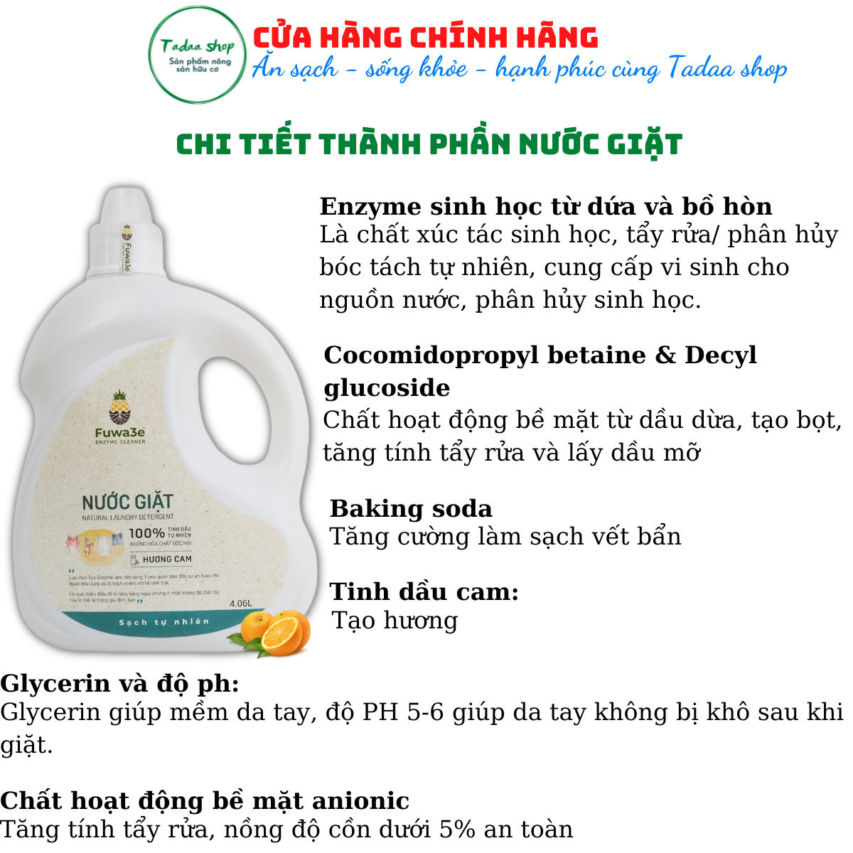 Nước giặt sinh học hữu cơ Fuwa3e tiết kiệm nước, cực sạch, an toàn cho bé hương cam can 4060ml
