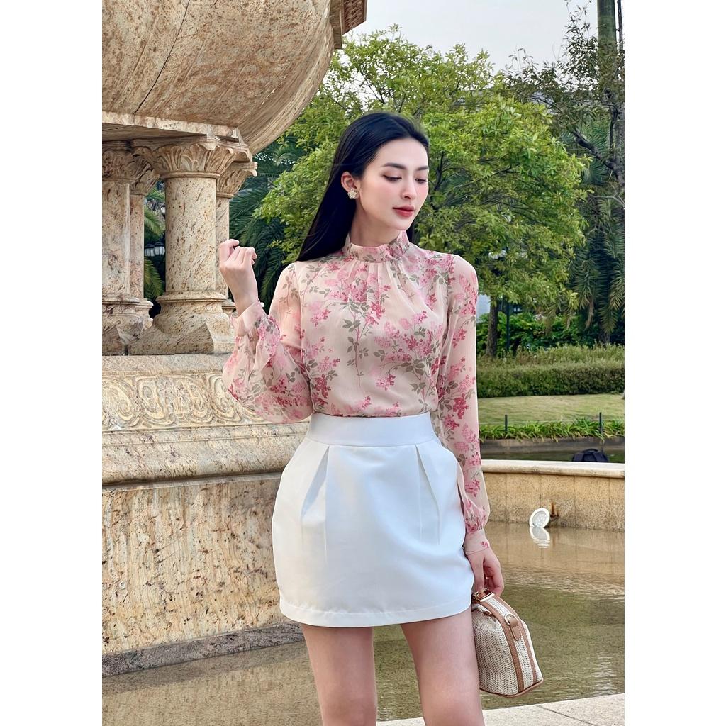 SHEAZ Áo sơ mi voan tơ tay dài cổ tàu hoa nhí hồng phong cách Hàn Quốc nhẹ nhàng