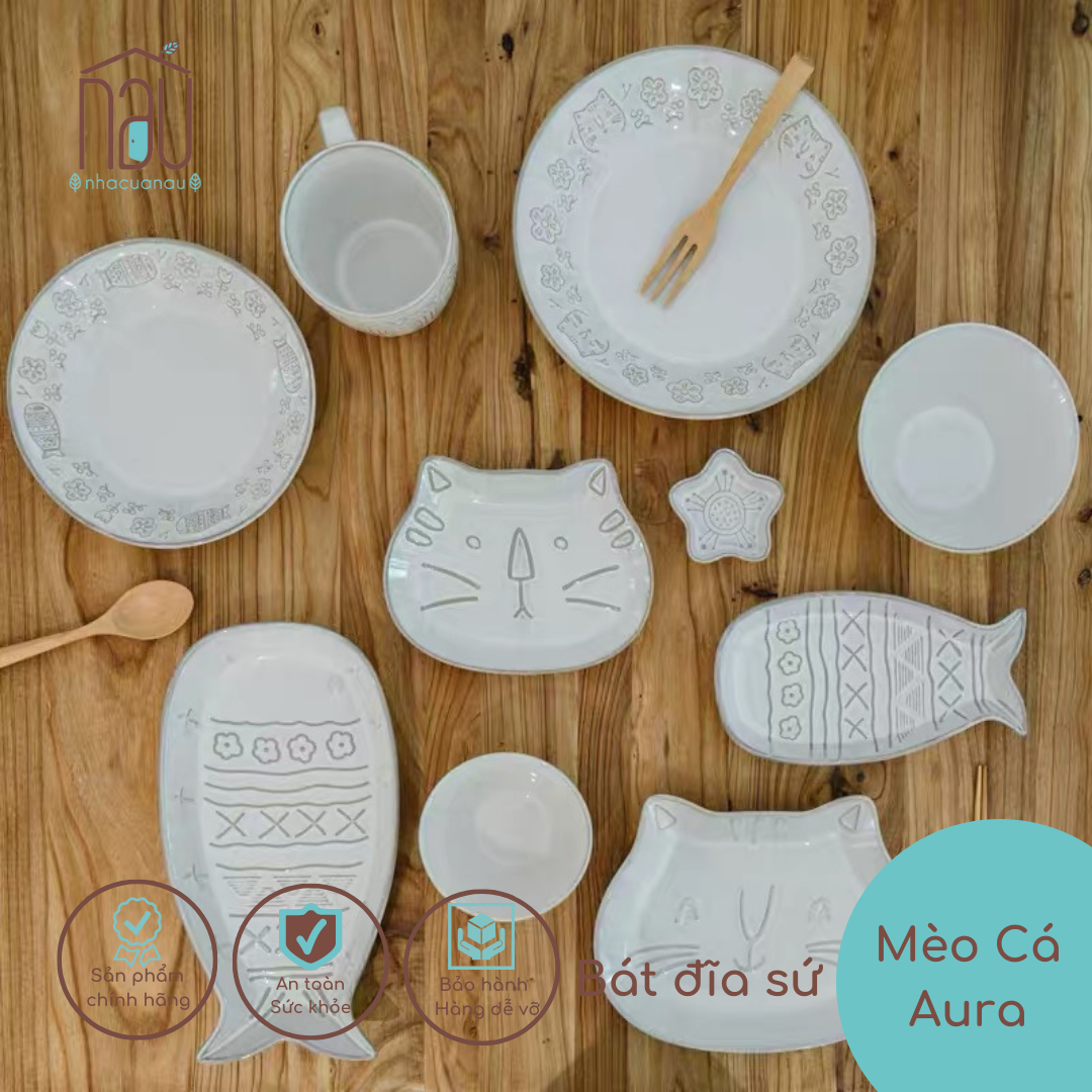 Bộ chén đĩa bát Sứ Mèo và Cá vân nổi Aura House phong cách Bắc Âu