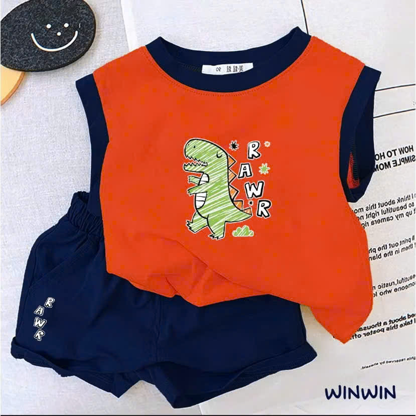 BỘ THUN SÁT NÁCH BÉ TRAI PHỐI MÀU IN KHỦNG LONG RAWR DỄ THƯƠNG TỪ 8-24KG CHO BÉ TRAI