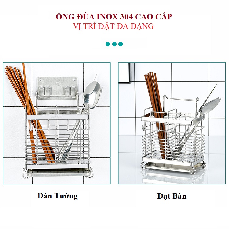 Ống Đựng Đũa Thìa Dĩa 2 Ngăn K1 Inox 304 Cao Cấp - Có Thể Dán Tường