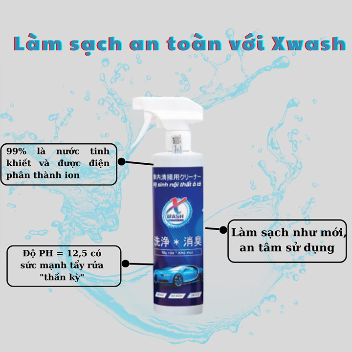 [Kèm Khăn Lau] Chai Xịt Vệ Sinh Kính Và Nội Thất Ô Tô XWASH 500ml, Làm Sạch Khử Mùi Kính, Sofa Nội Thất Xe Hơi